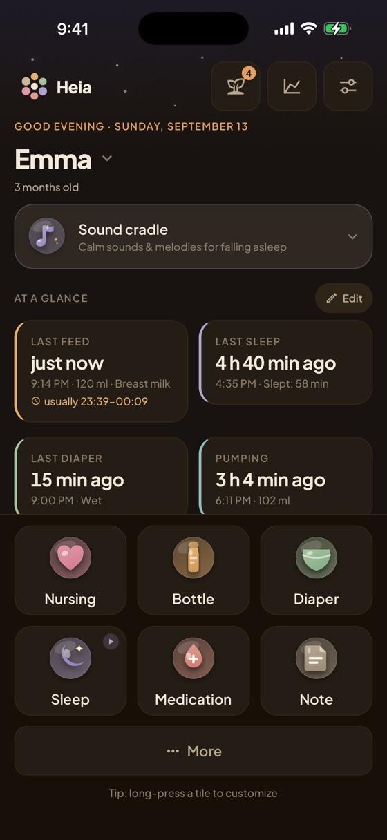Heia home screen: last feed, last sleep and the main entry types at a glance