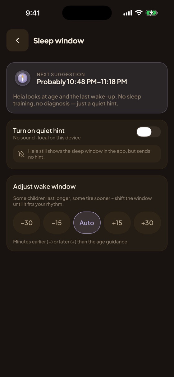 Sleep Compass in Heia suggesting the next wake window