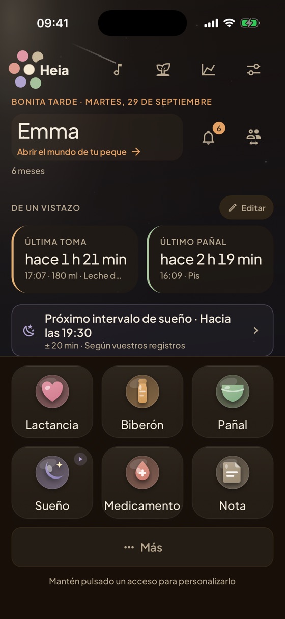 Pantalla de inicio de Heia: última toma, último sueño y los tipos de registro principales de un vistazo