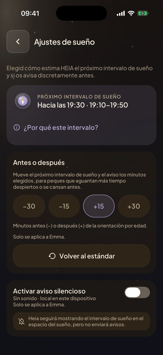 Espacio del sueño de Heia con la próxima ventana de sueño del bebé