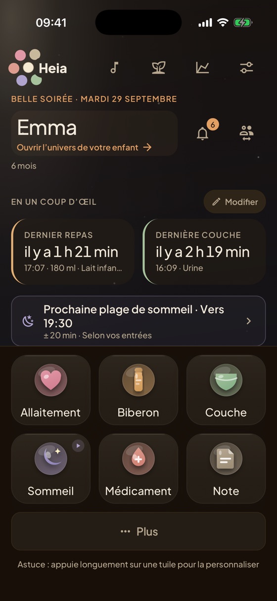 Écran d’accueil de Heia : dernière tétée, dernier sommeil et principaux types d’entrées en un coup d’œil