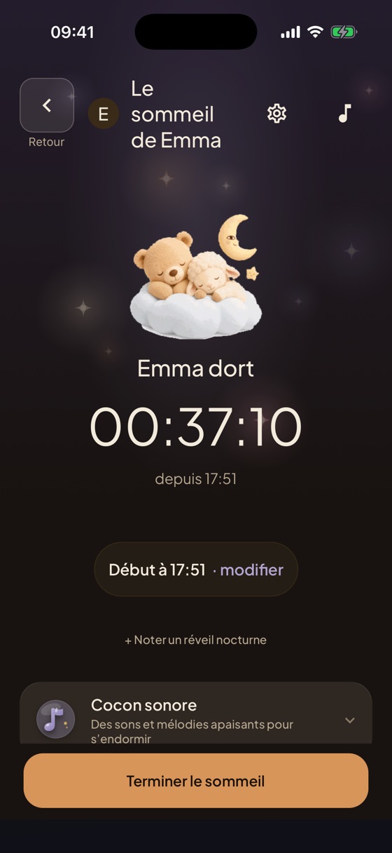 Minuteur de sommeil dans Heia avec la durée de sommeil en cours du bébé