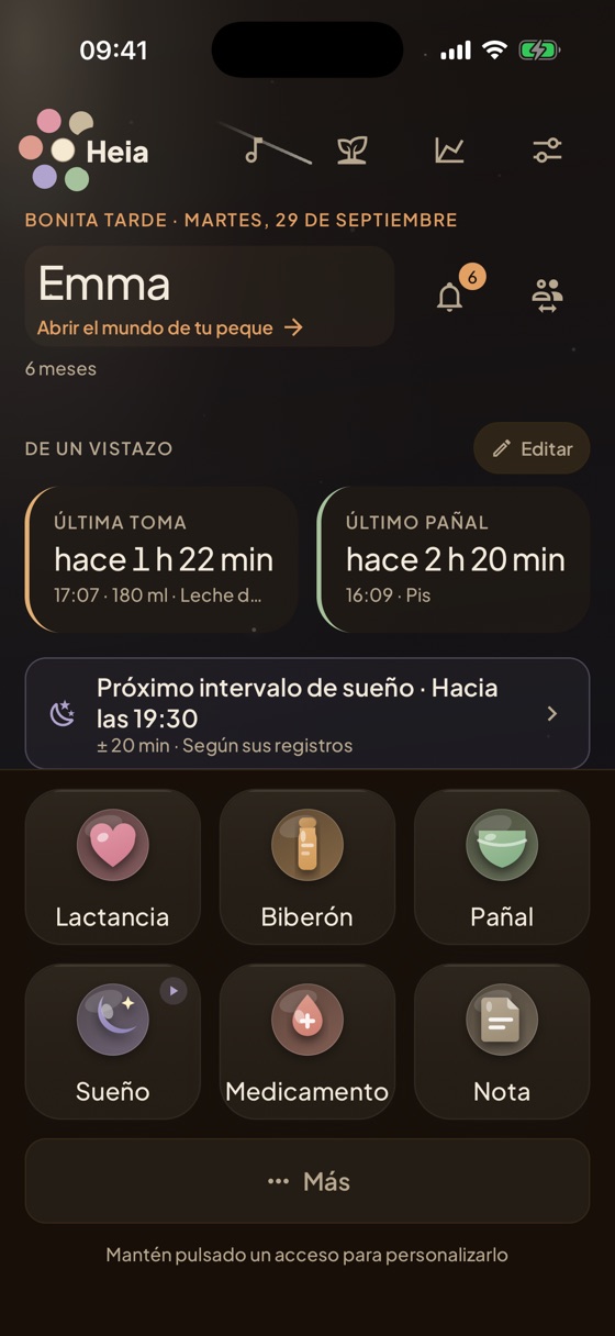 Pantalla de inicio de Heia: última toma, último sueño y los principales tipos de registro de un vistazo
