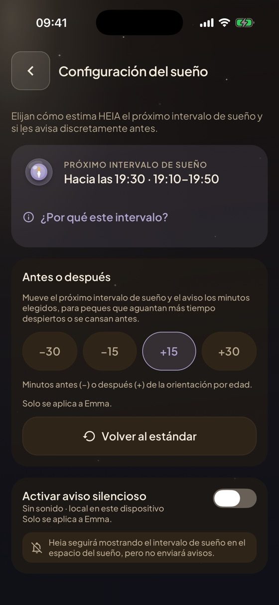 Espacio del sueño en Heia con la sugerencia para la siguiente ventana de sueño